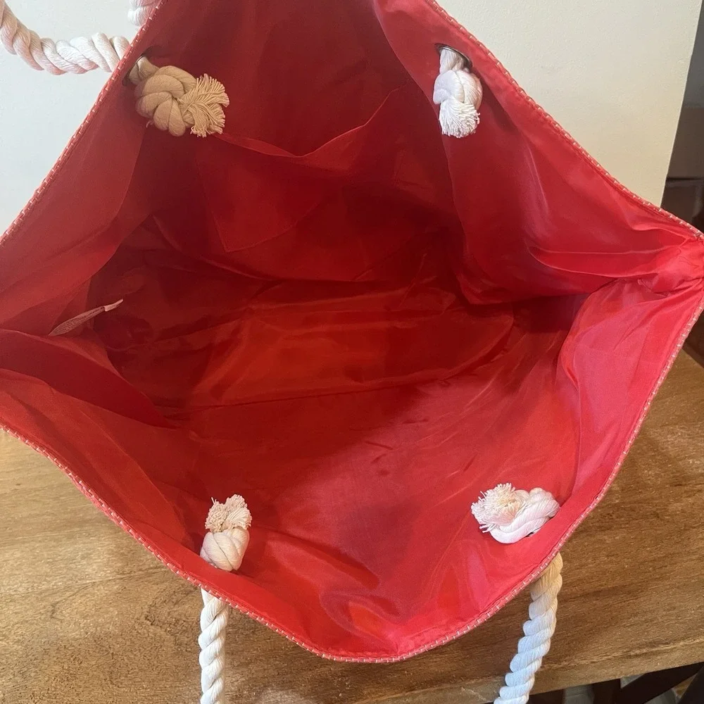 Large Nautical Beach Tote Pool Bag Rope Handles Red White Blue Coastal Vacation